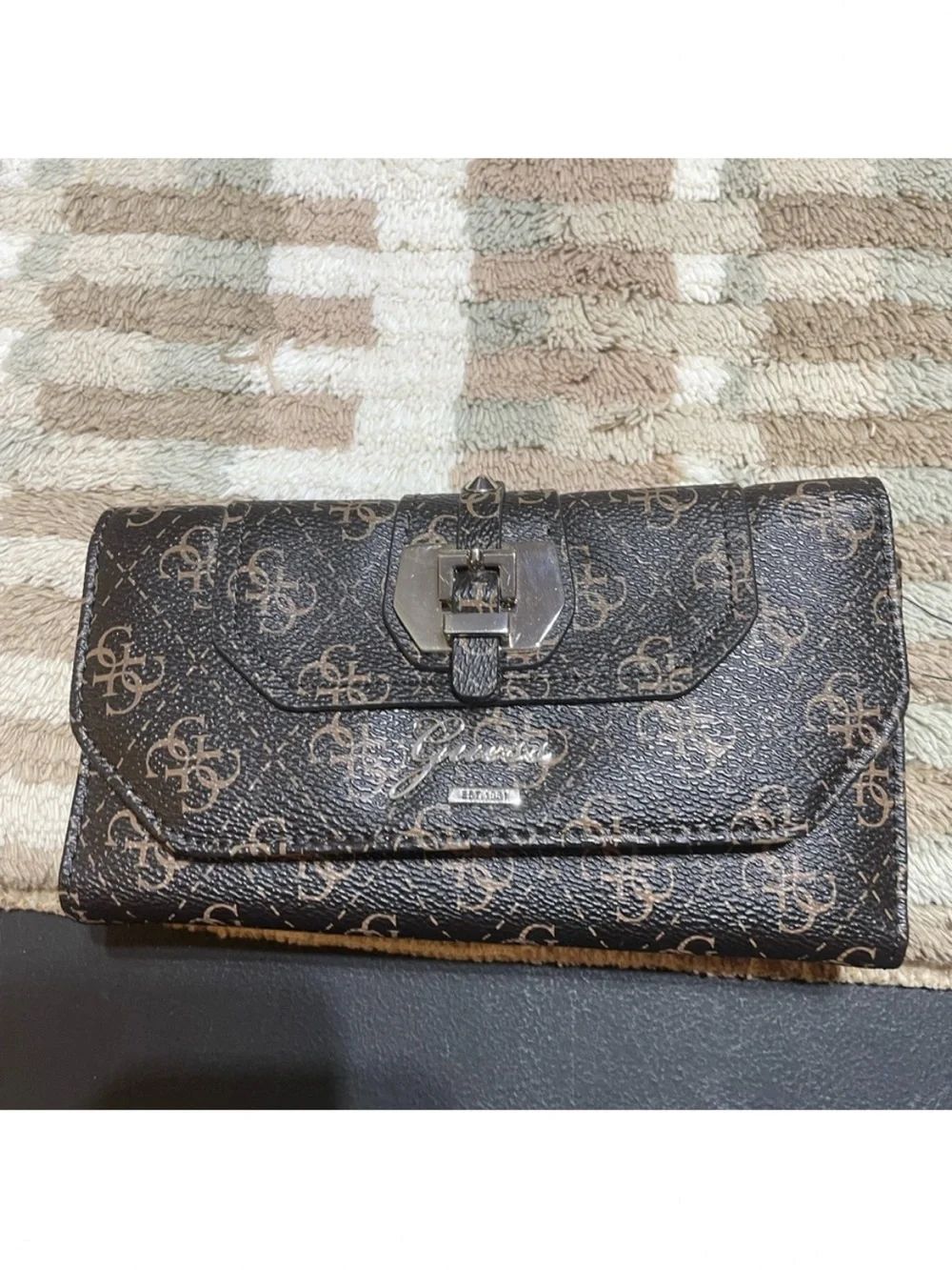 GUESS Brown Monogram Satchel with Gold Hardware